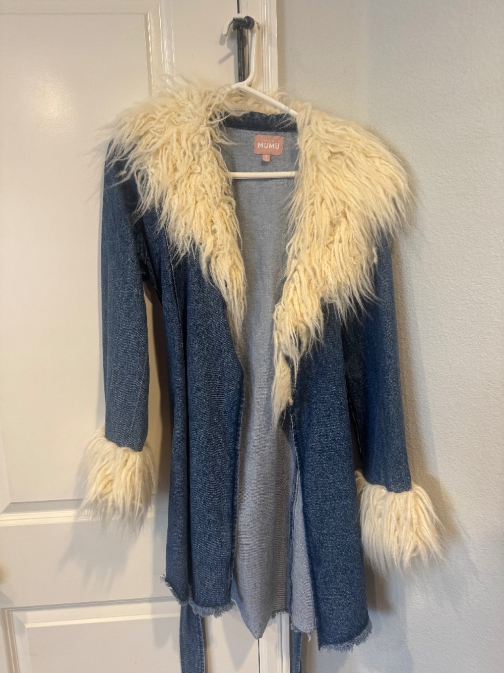 Show Me Your MuMu Blue Ivory Denim Long Sleeve Overcoat with Faux Fur Trim LARGE